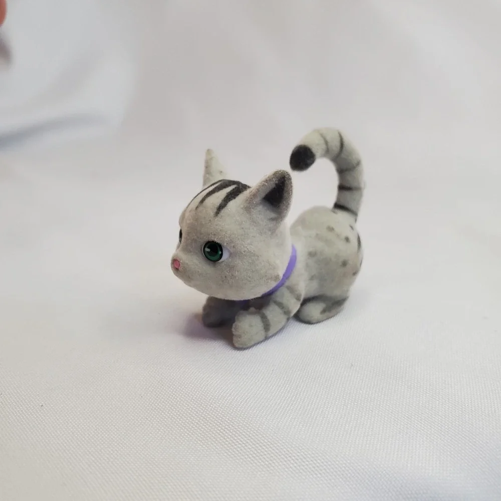 Small Flocked Striped Grey‎ Cat Figure Toy